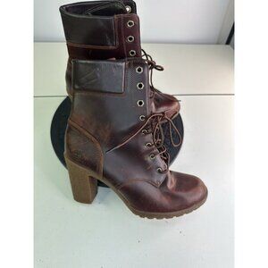 Timberland Glancy Brown Leather Lace Up Ankle Boot A18Z6 Block Heel Womens 8.5